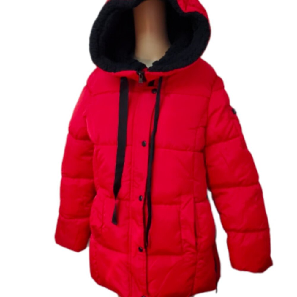 Madden Girl Womens Juniors' Faux-Fur Lined Hooded Polyester Puffer Coat Red M